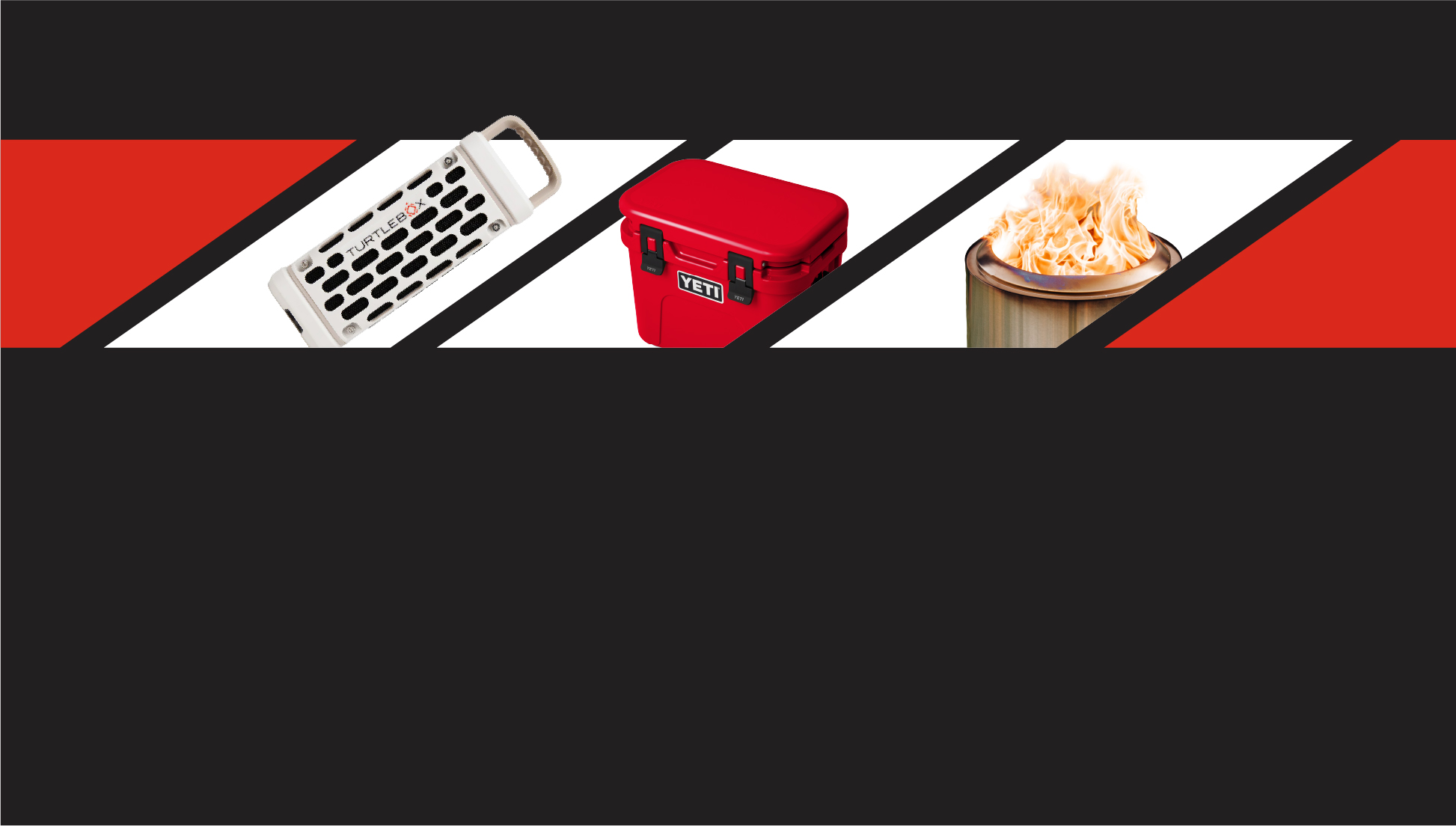 graphic with products including a fire pit and speaker and cooler