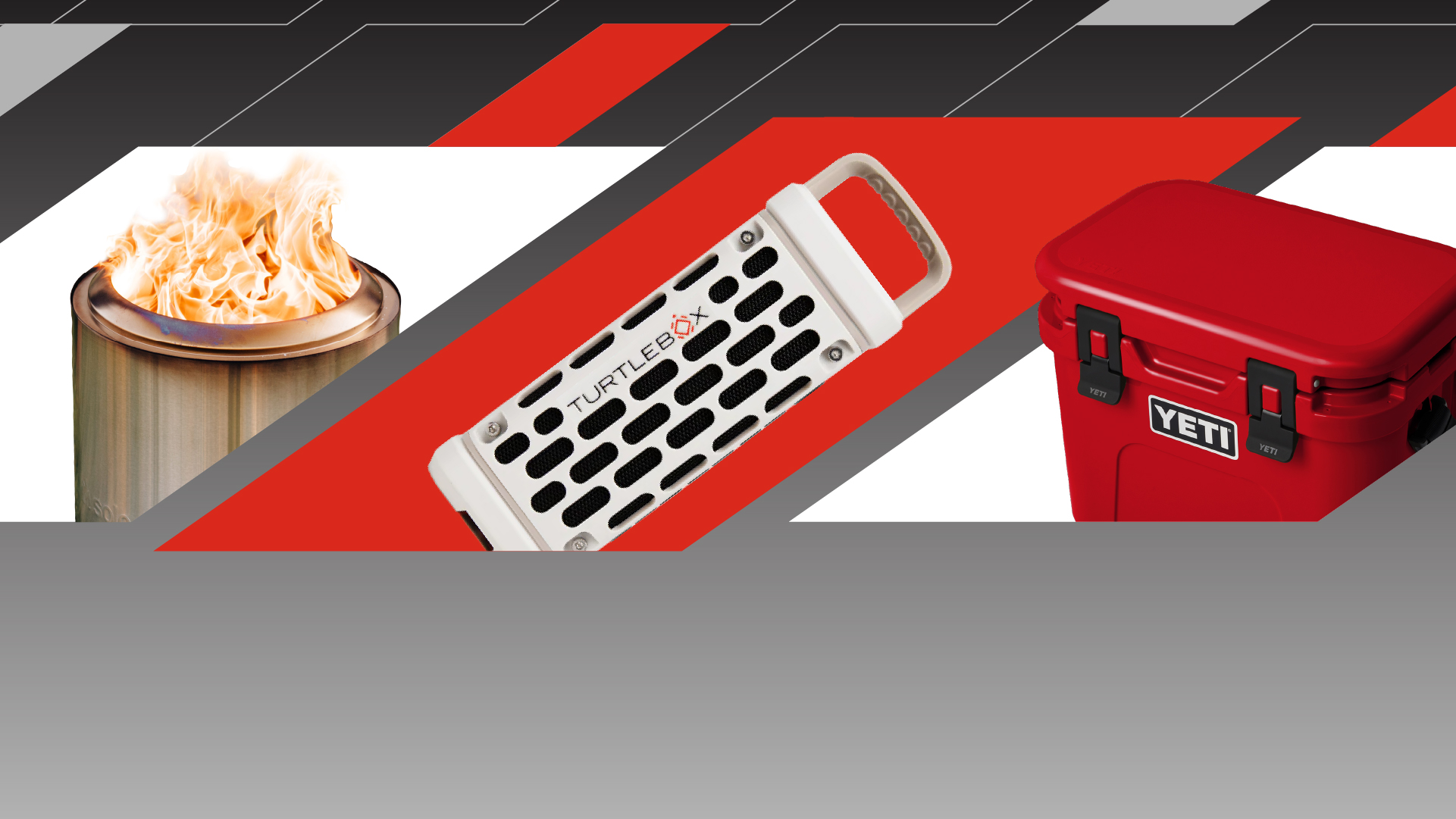 graphic with products including a fire pit and speaker and cooler